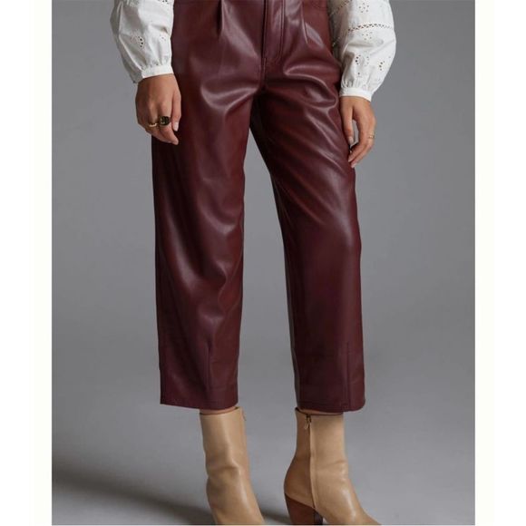 Anthropologie Pilcro The Breaker Cropped Faux Leather Pants Wine Size 27 - Picture 5 of 6